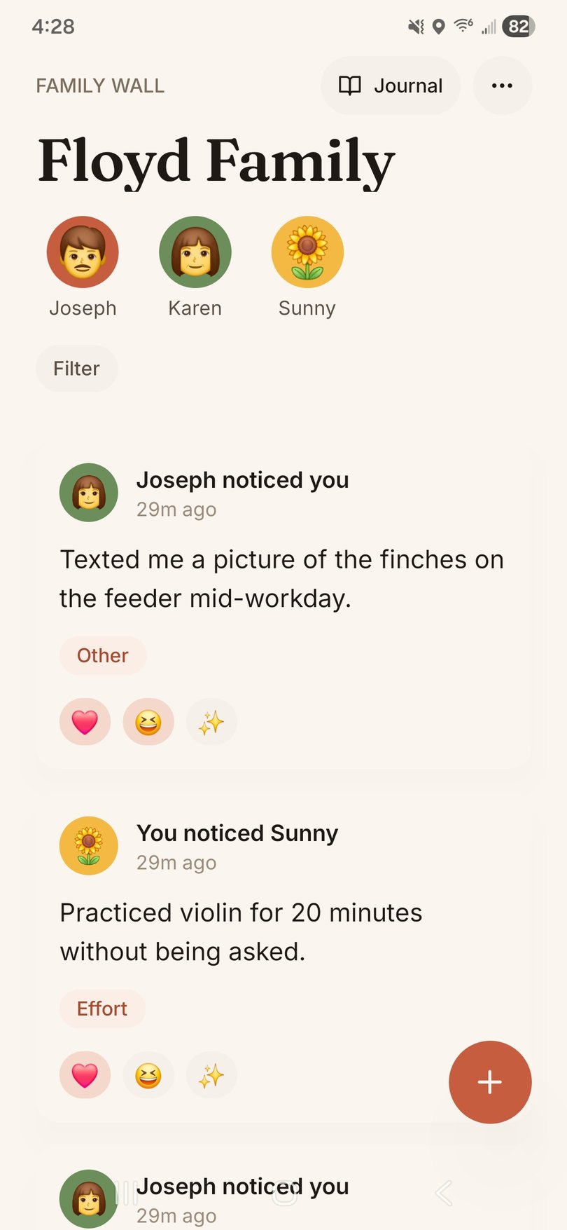 The Withkin family wall for 'Floyd Family' — three member avatars (Joseph, Karen, Sunny) and a feed of small things family members have noticed about each other, each with a tag and emoji reactions.
