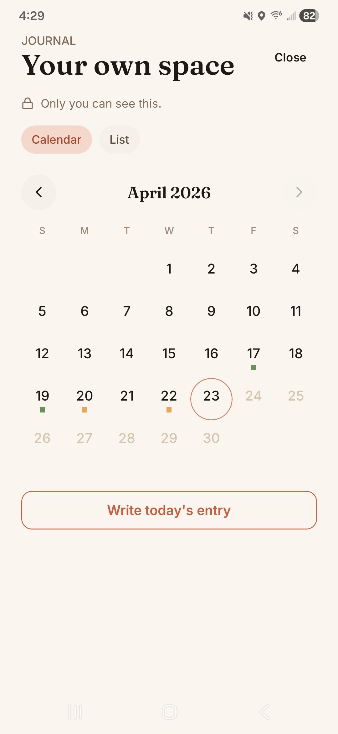 Withkin private journal calendar — 'Your own space. Only you can see this.' A monthly view with dot indicators on days where entries exist.