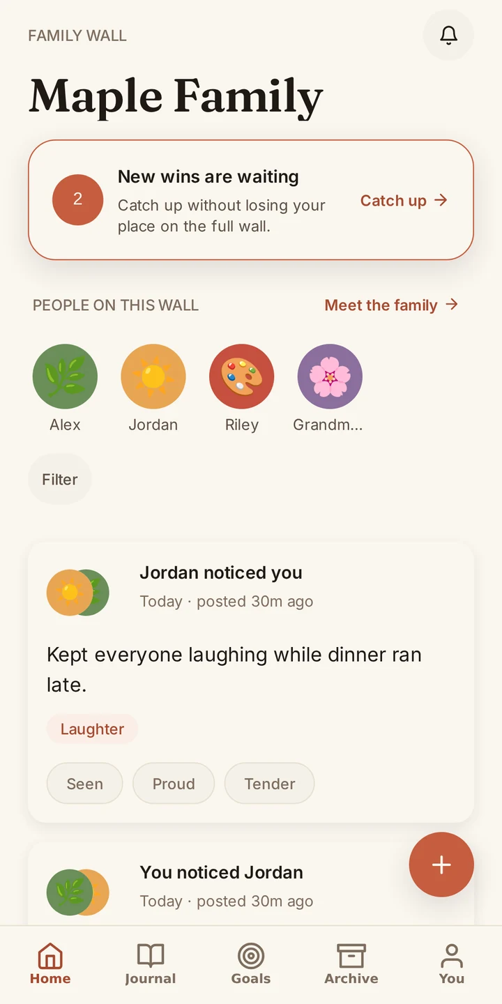 Withkin's Maple Family wall, with people on the wall, unread-win catch-up, and a thoughtful moment noticed by another family member.