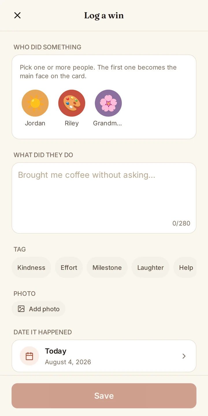 The Withkin Log a win screen, with family recipient choices, a space to describe what they did, and an optional photo.